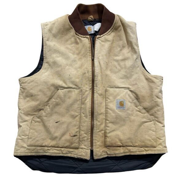 Carhartt Vtg Canvas Duck Vest Men's XL Quilt Lined Tan Faded